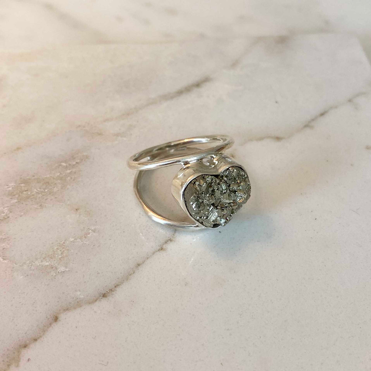 Pyrite Heart Sterling Silver Double Band Ring, One of a Kind