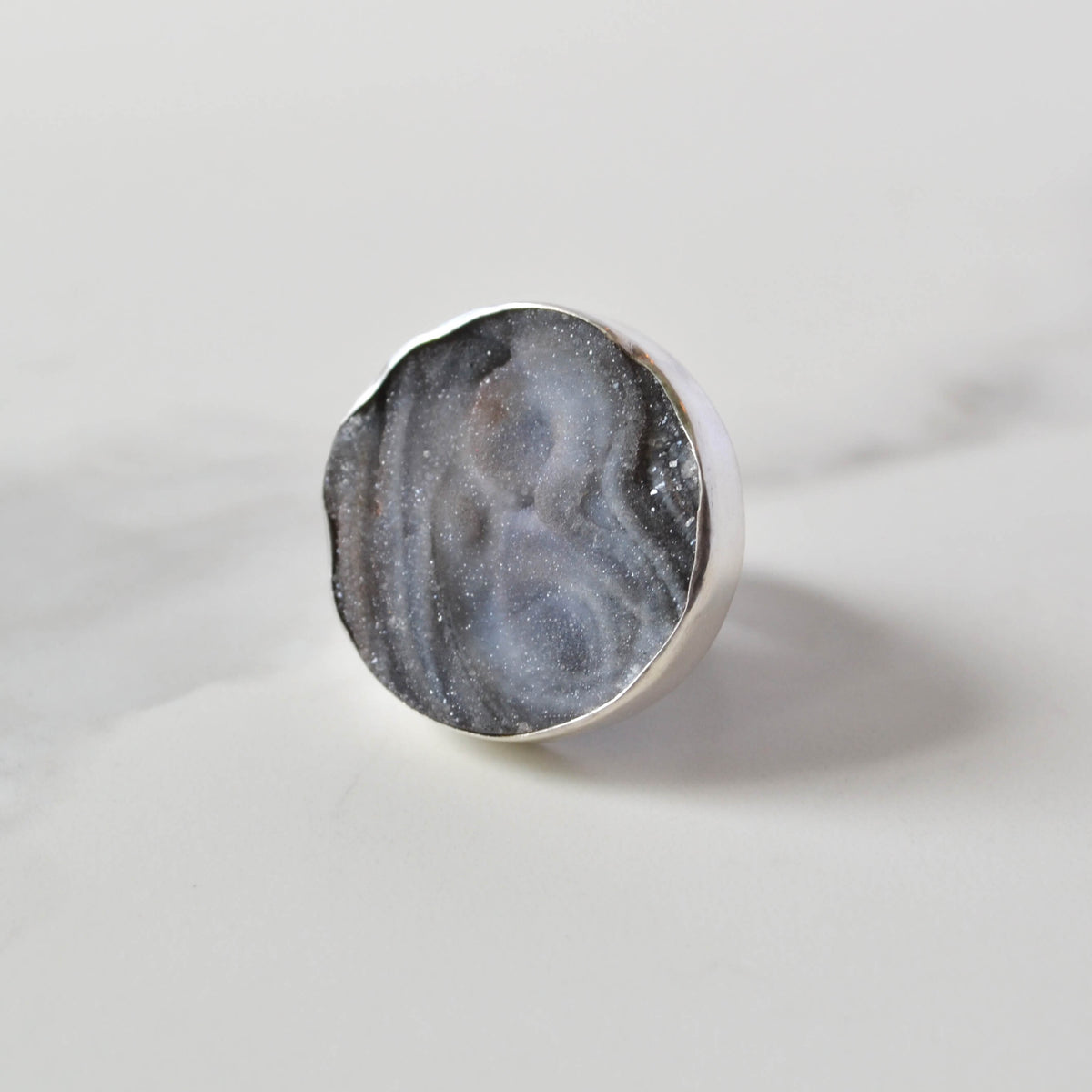 Raw Chalcedony Round Grey Druzy Sterling Silver Ring, One of a Kind