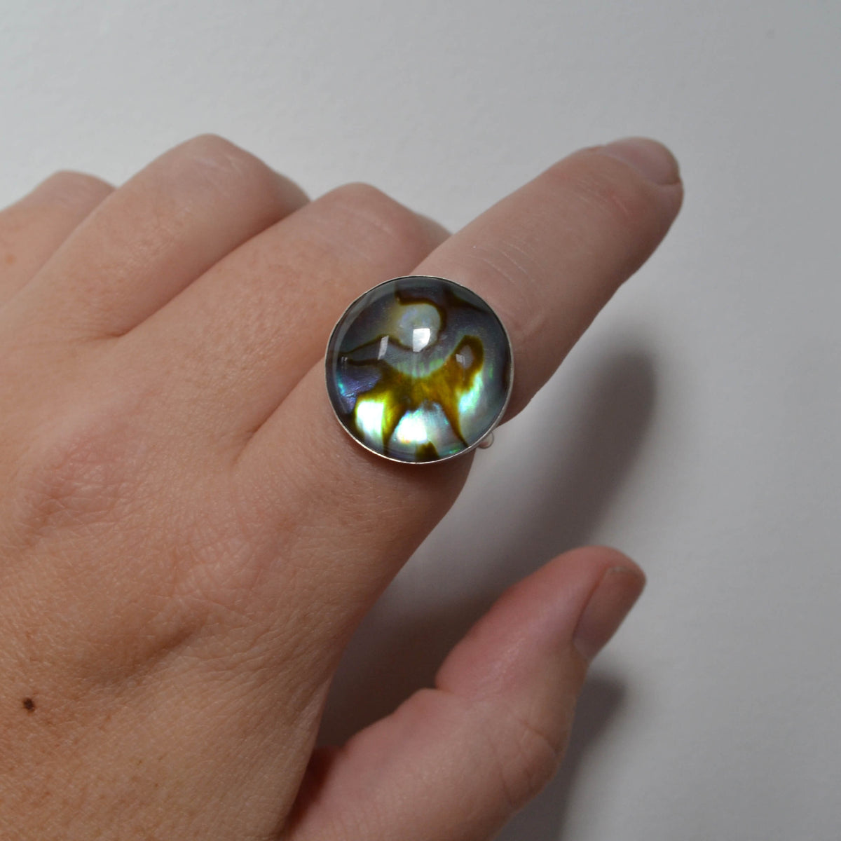 Crystal Abalone Shell Silver Ring, One of a Kind