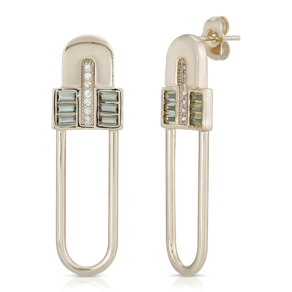 Century Safety Pin Earrings - Green CZ