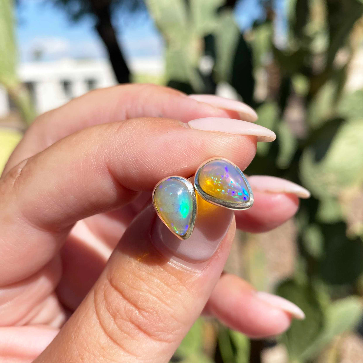 Teardrop Welo Opal Silver Stud Earrings, One of a Kind