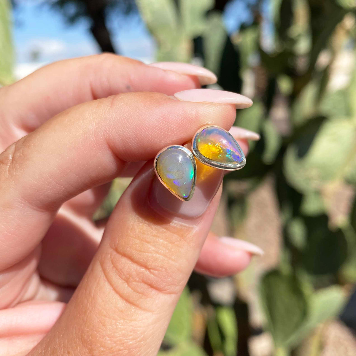 Teardrop Welo Opal Silver Stud Earrings, One of a Kind