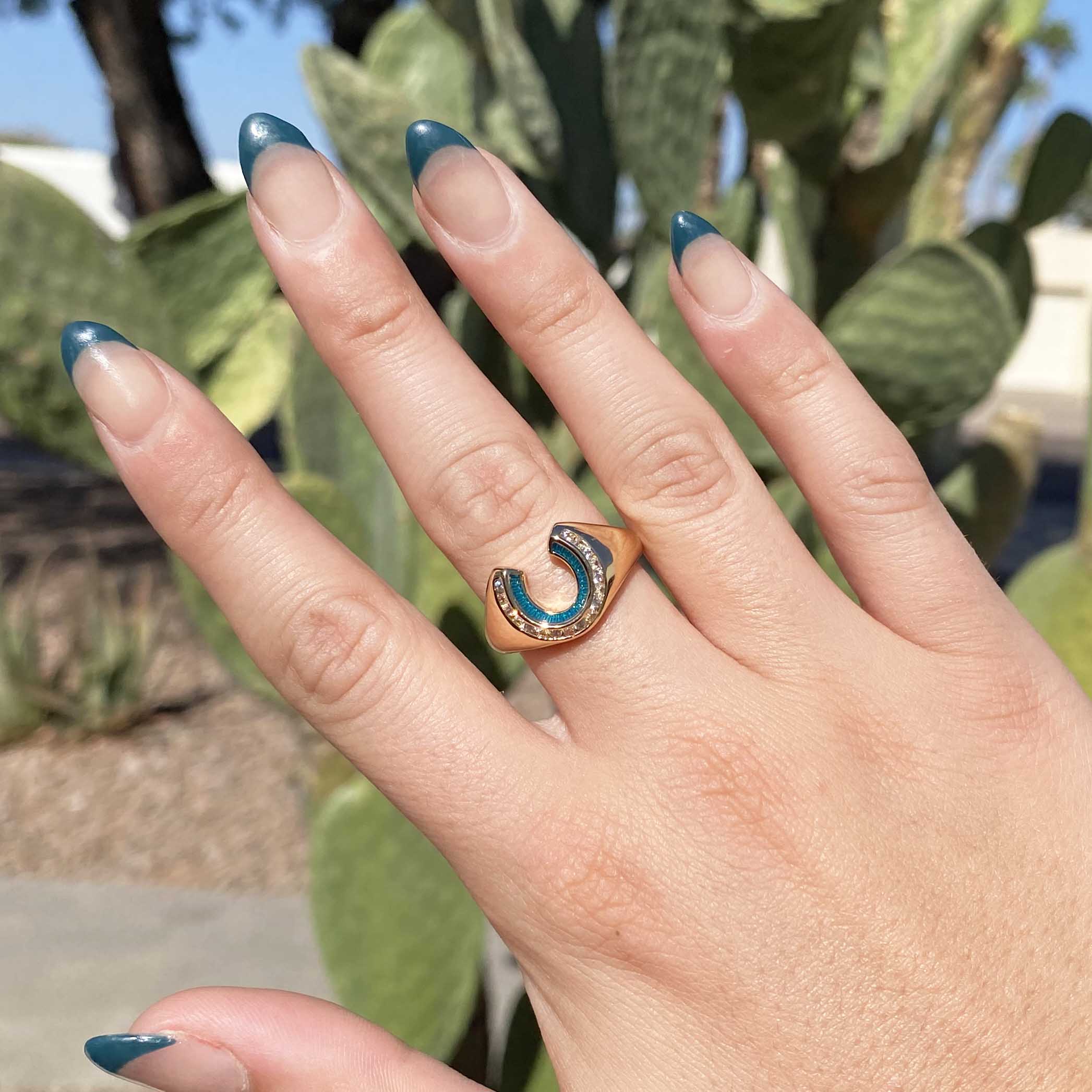 Good Fortune Horseshoe Signet Ring- Teal - Glamrocks Good Fortune Horseshoe Signet Ring- Teal - Glamrocks