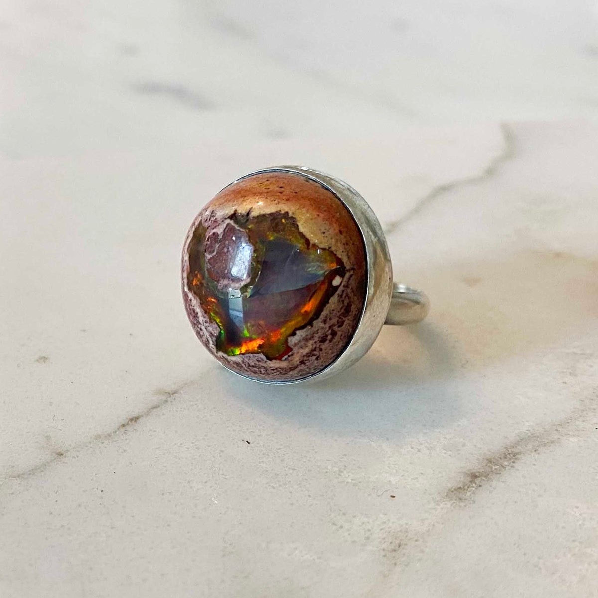 Round Rainbow Mexican Fire Opal Sterling Silver Ring, One of a Kind