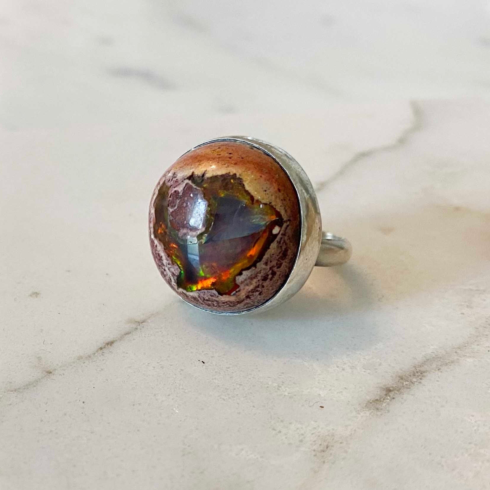 Fire Opal Ring in Sterling Silver Fire Opal and .08 Carat Diamond Halo  Style Ring