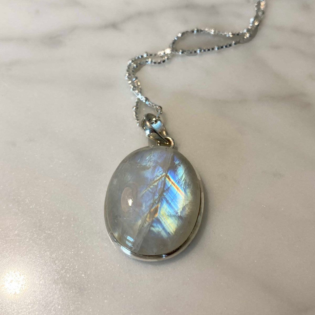 Oval Rainbow Moonstone Sterling Silver Statement Necklace, One of a Kind