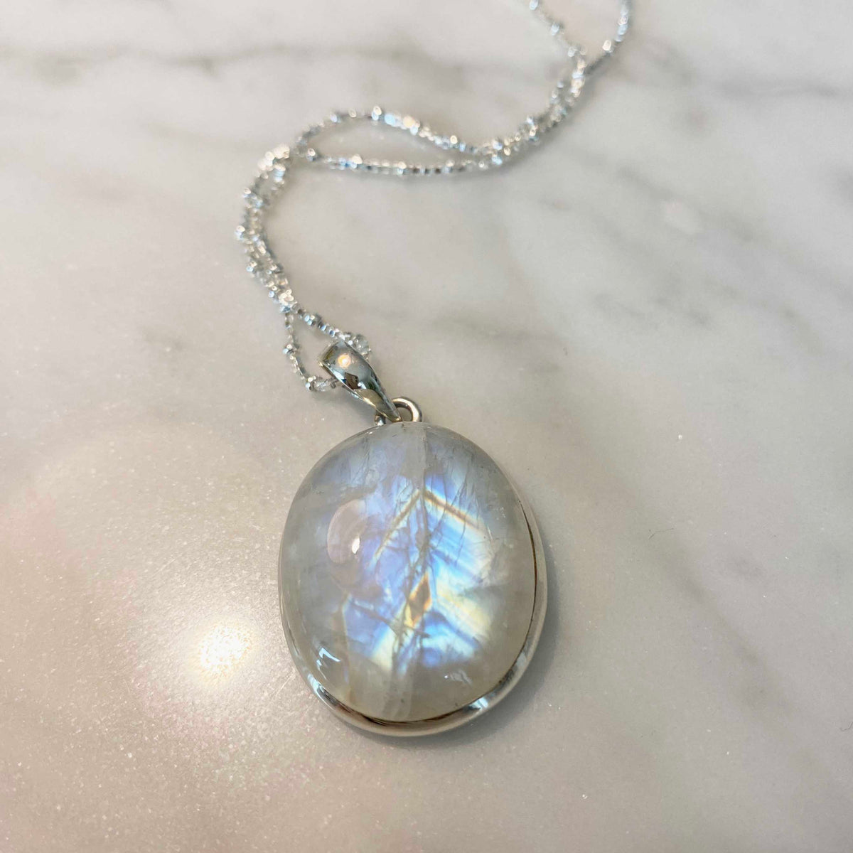 Oval Rainbow Moonstone Sterling Silver Statement Necklace, One of a Kind
