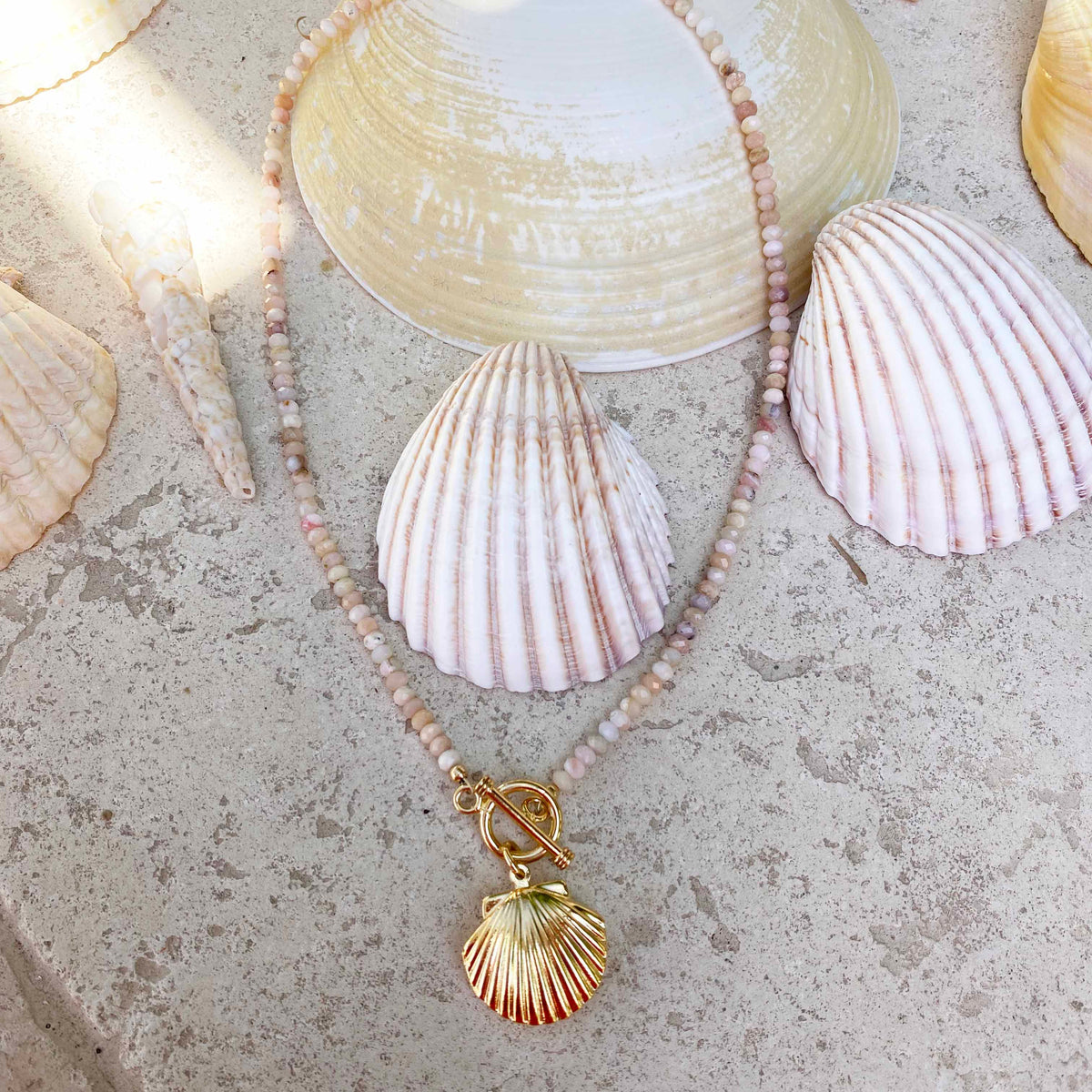 Venus Shell Locket Pink Opal Beaded Necklace