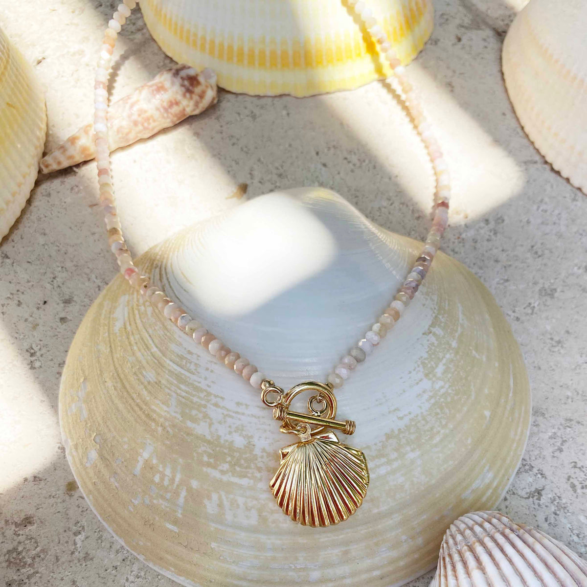 Venus Shell Locket Pink Opal Beaded Necklace