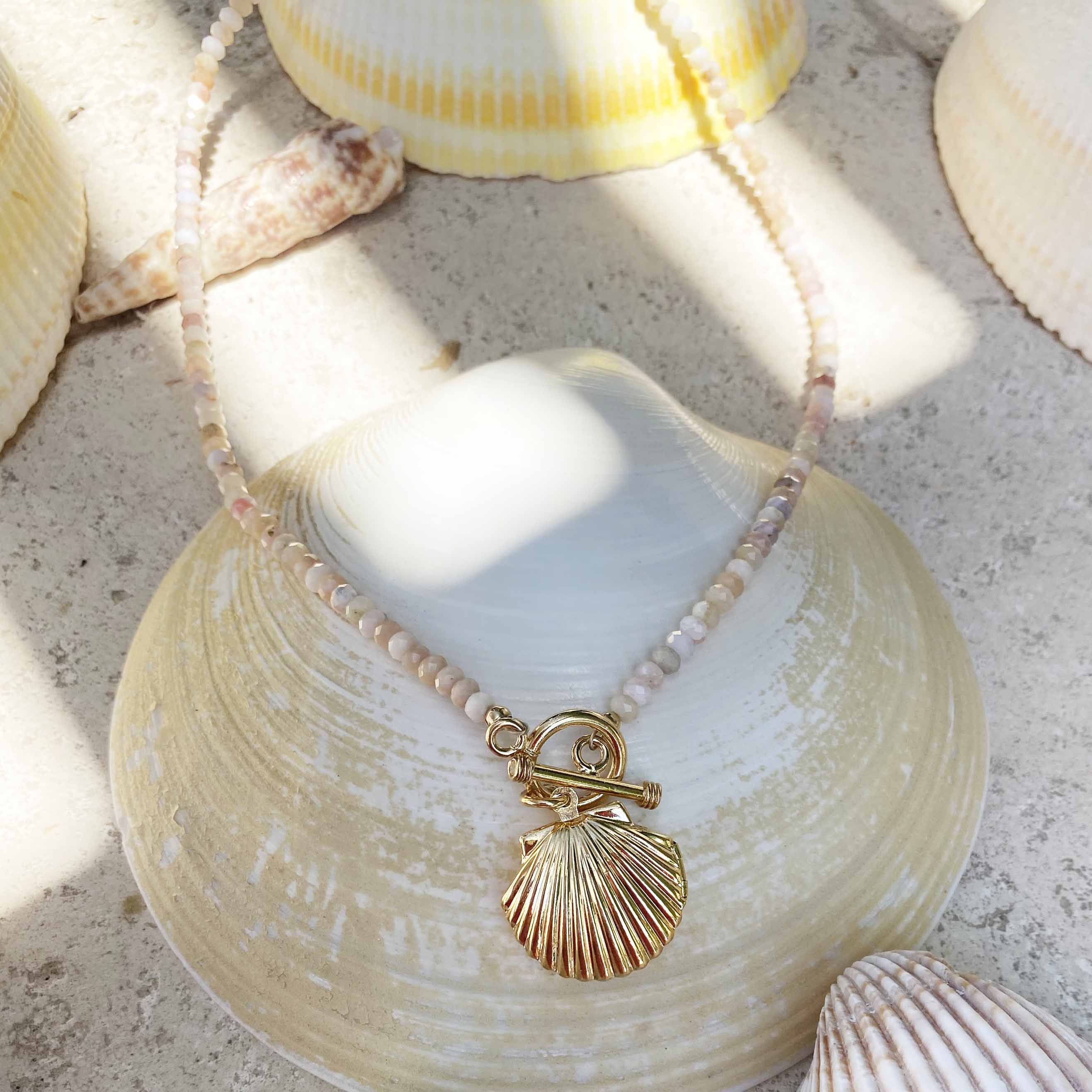 Venus Shell Locket Pink Opal Beaded Necklace - Glamrocks