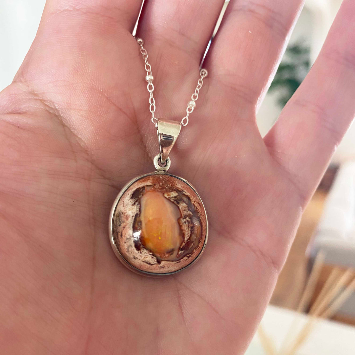 Mexican Fire Opal Sterling Silver Pendant Necklace, One of a Kind