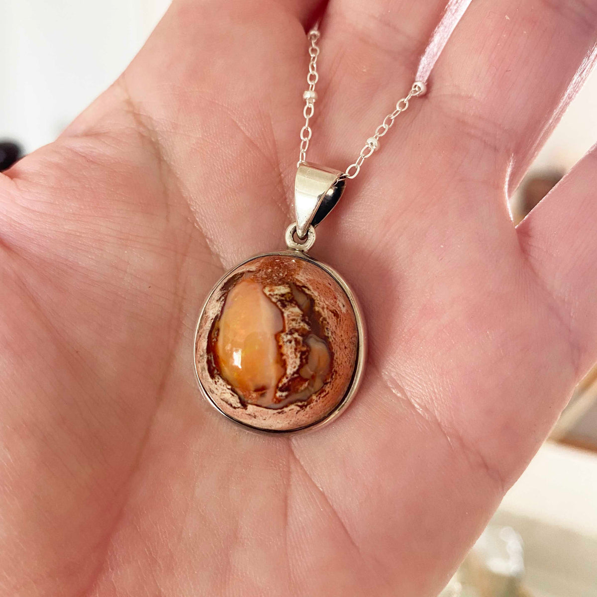 Mexican Fire Opal Sterling Silver Pendant Necklace, One of a Kind
