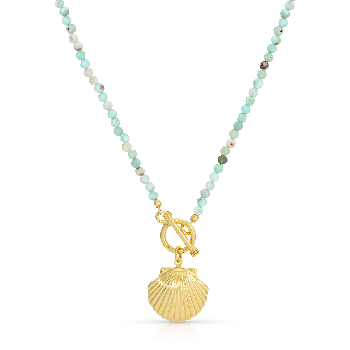 Venus Shell Locket Larimar Beaded Necklace
