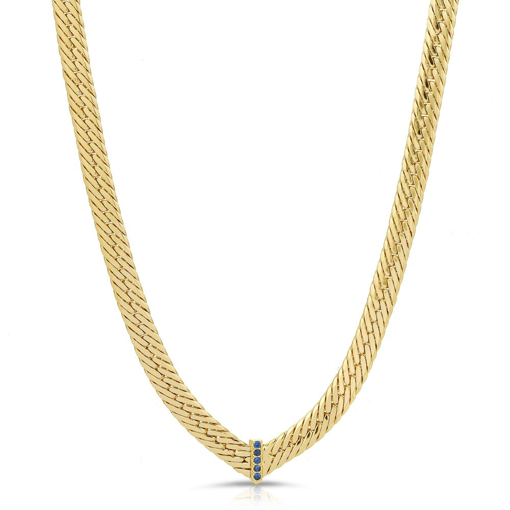 CZ Chevron Herringbone Necklace- Sapphire