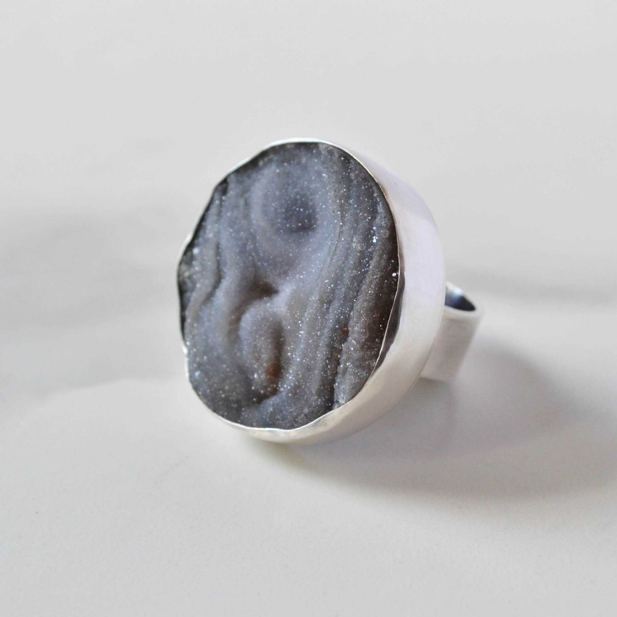 Raw Chalcedony Round Grey Druzy Sterling Silver Ring, One of a Kind
