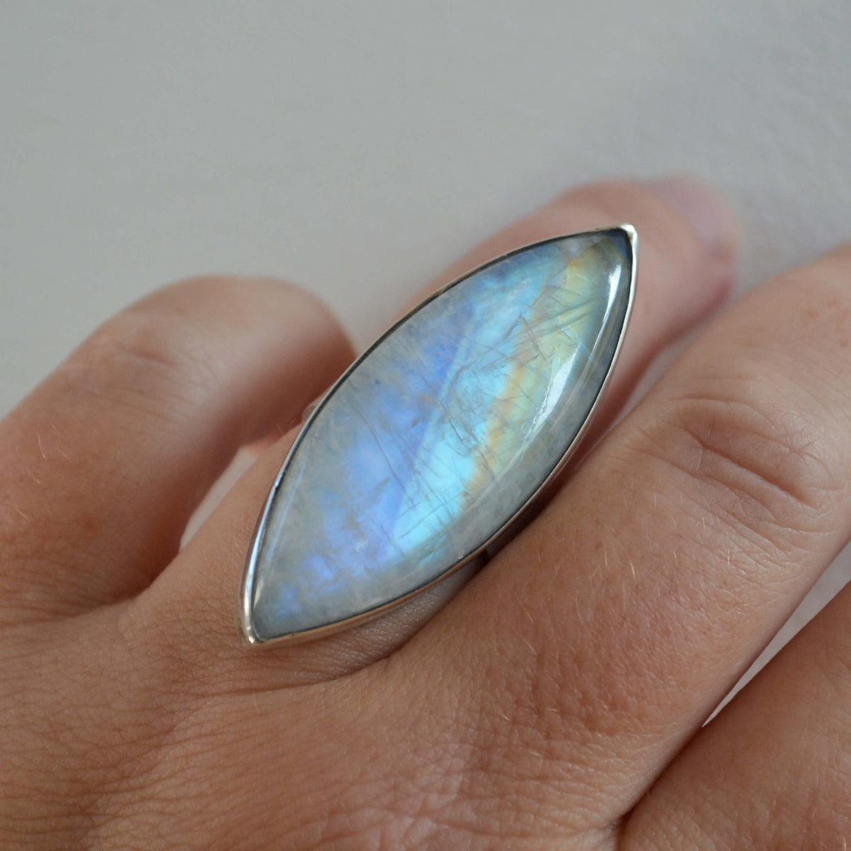 Marquise Rainbow Moonstone Sterling Silver Ring, One of a Kind