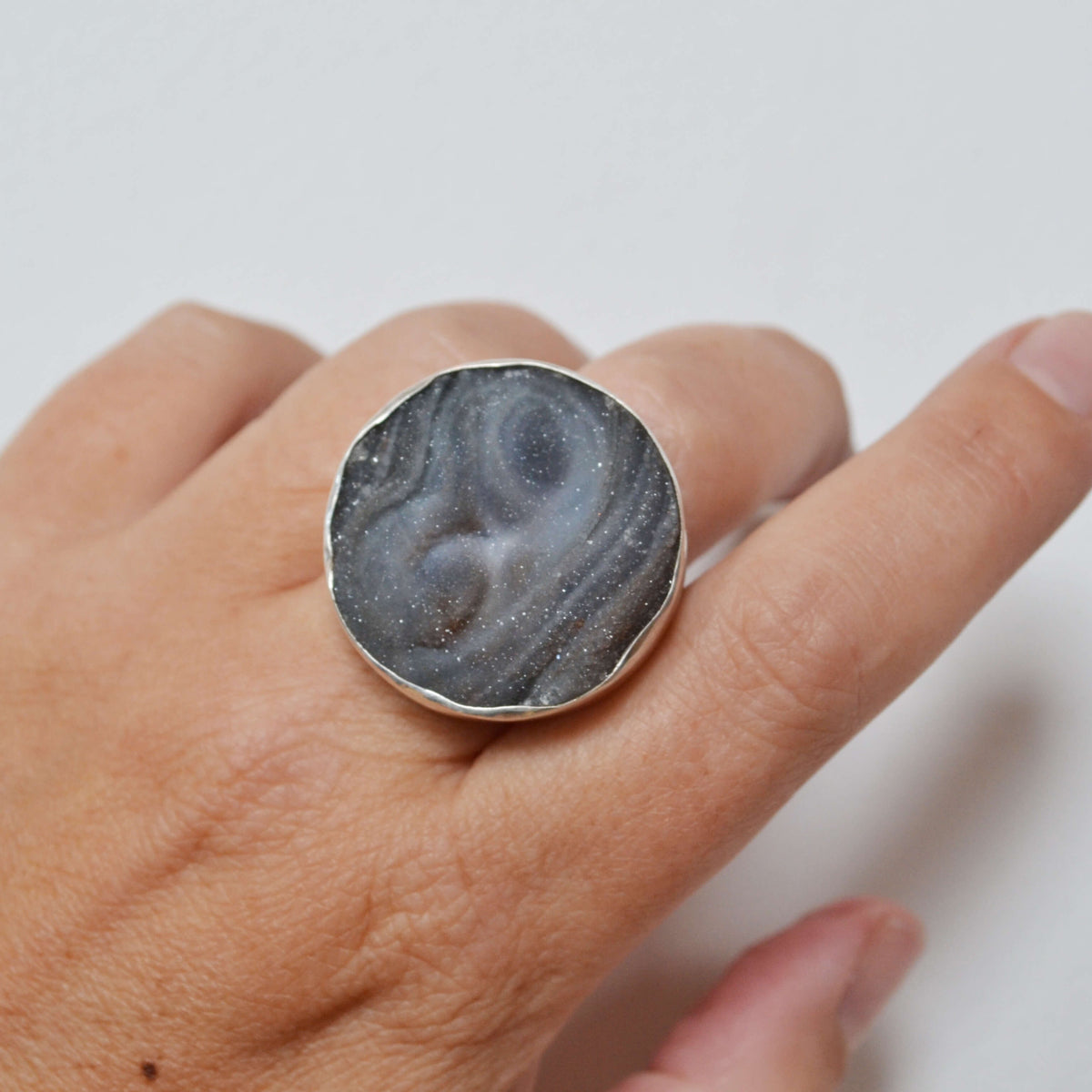 Raw Chalcedony Round Grey Druzy Sterling Silver Ring, One of a Kind