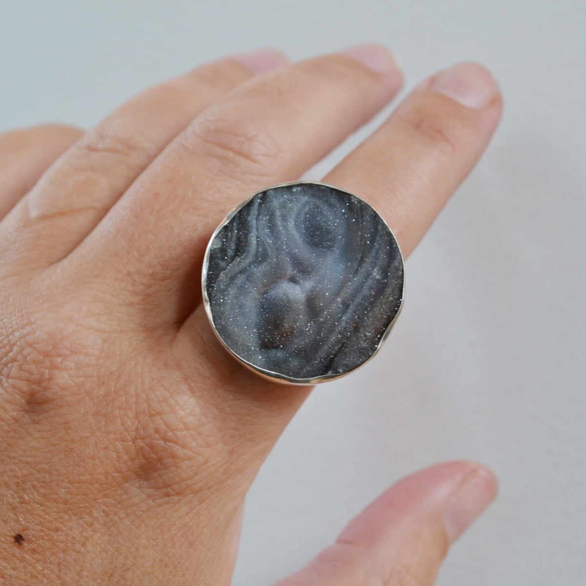 Raw Chalcedony Round Grey Druzy Sterling Silver Ring, One of a Kind