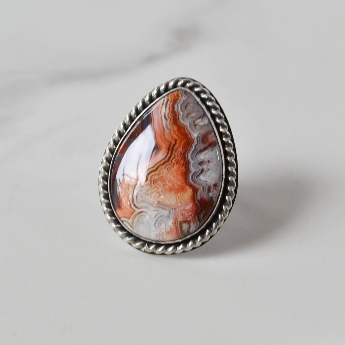 Laguna Lace Pear Shaped Agate Sterling Silver Ring, One of a Kind