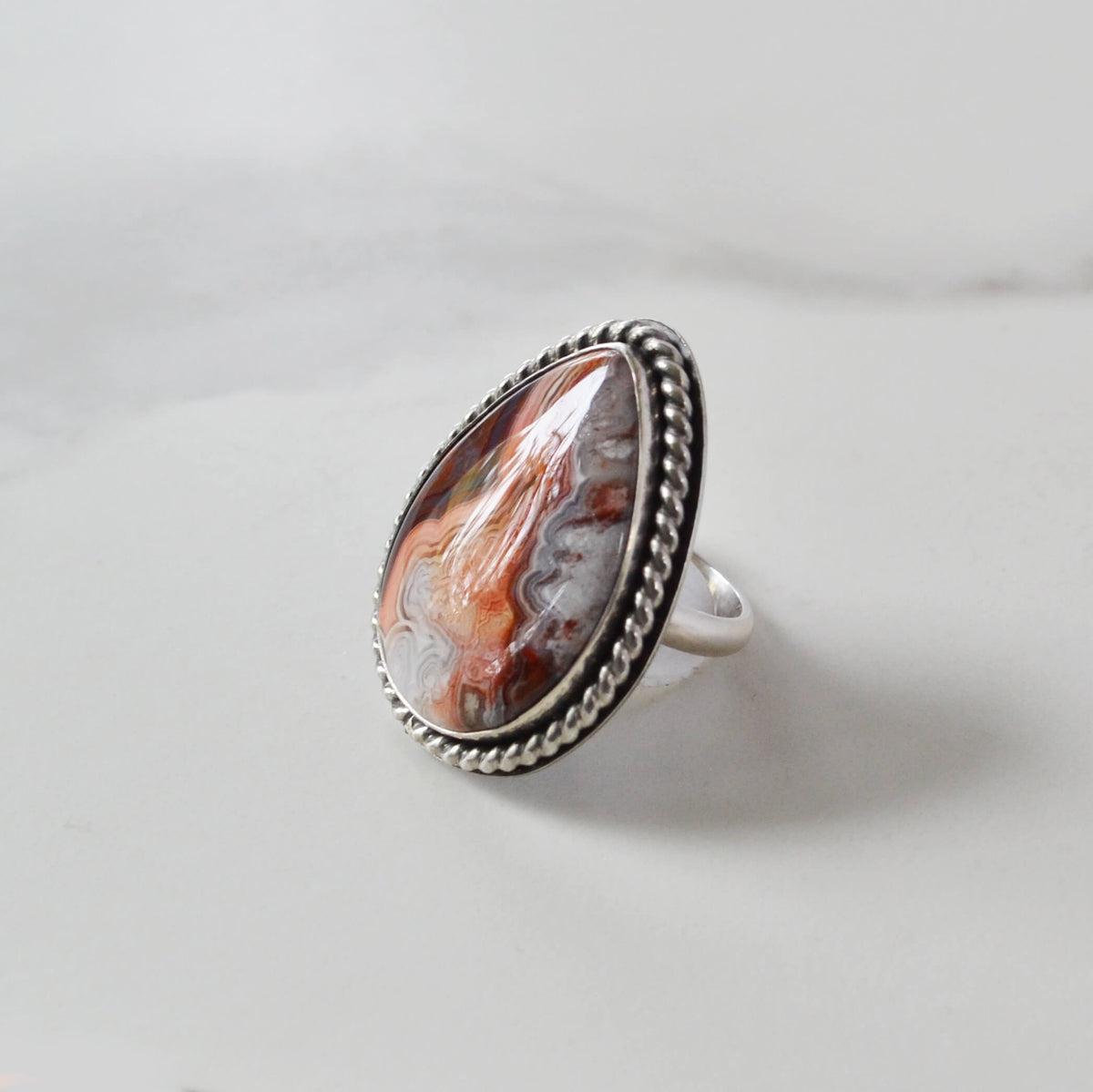 Laguna Lace Pear Shaped Agate Sterling Silver Ring, One of a Kind
