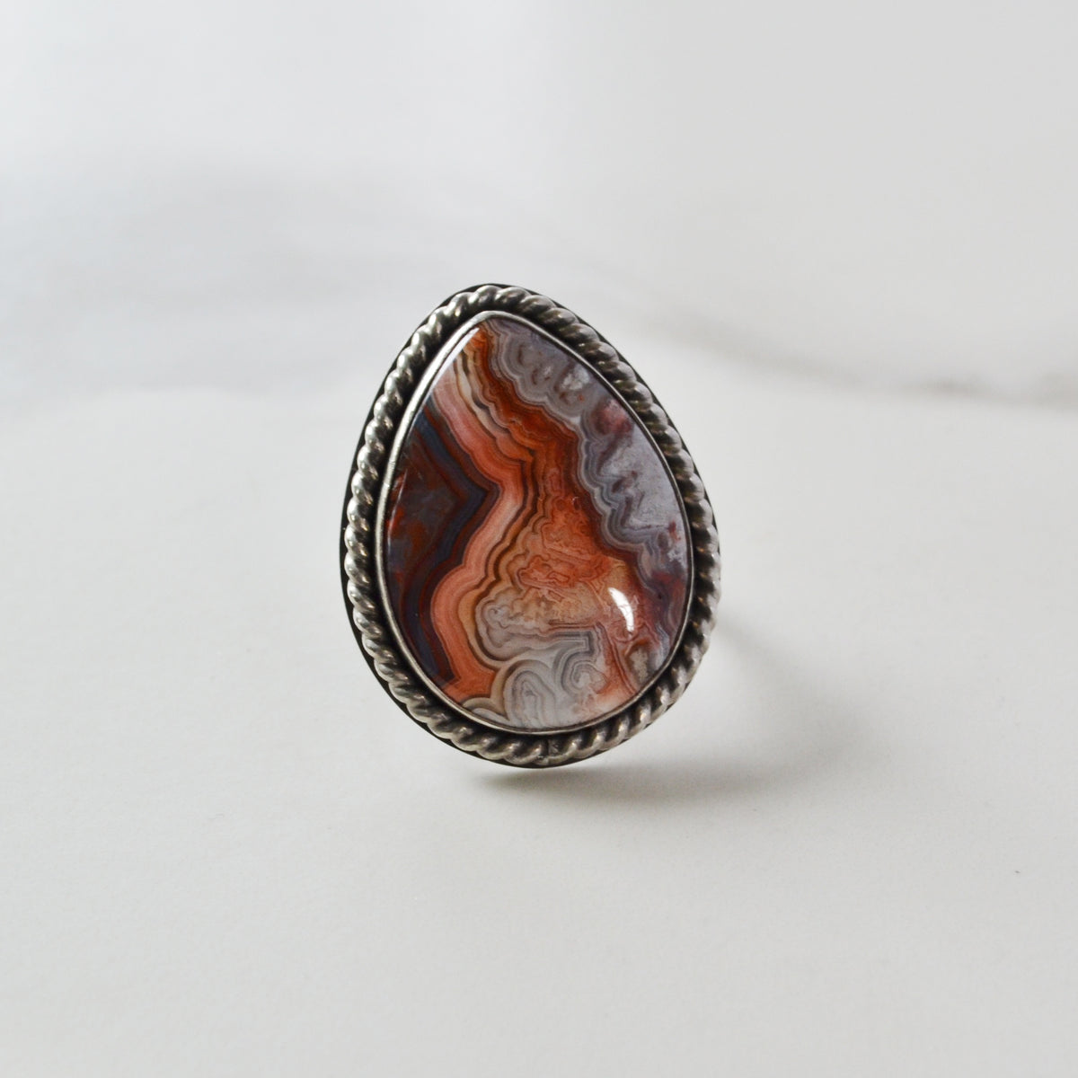 Laguna Lace Pear Shaped Agate Sterling Silver Ring, One of a Kind