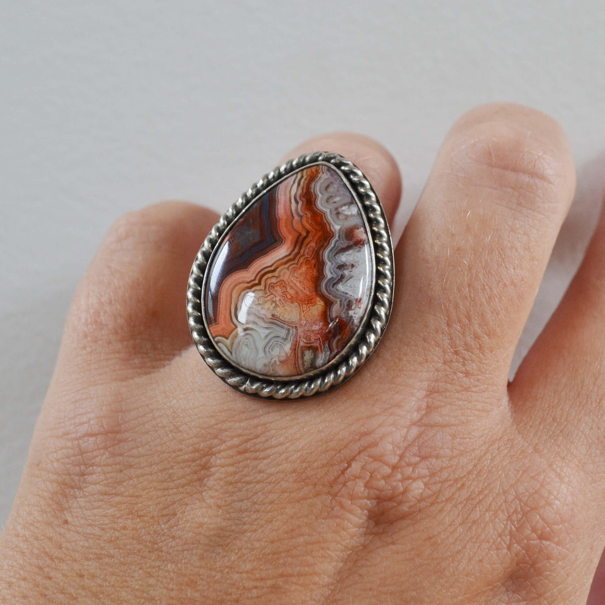 Laguna Lace Pear Shaped Agate Sterling Silver Ring, One of a Kind