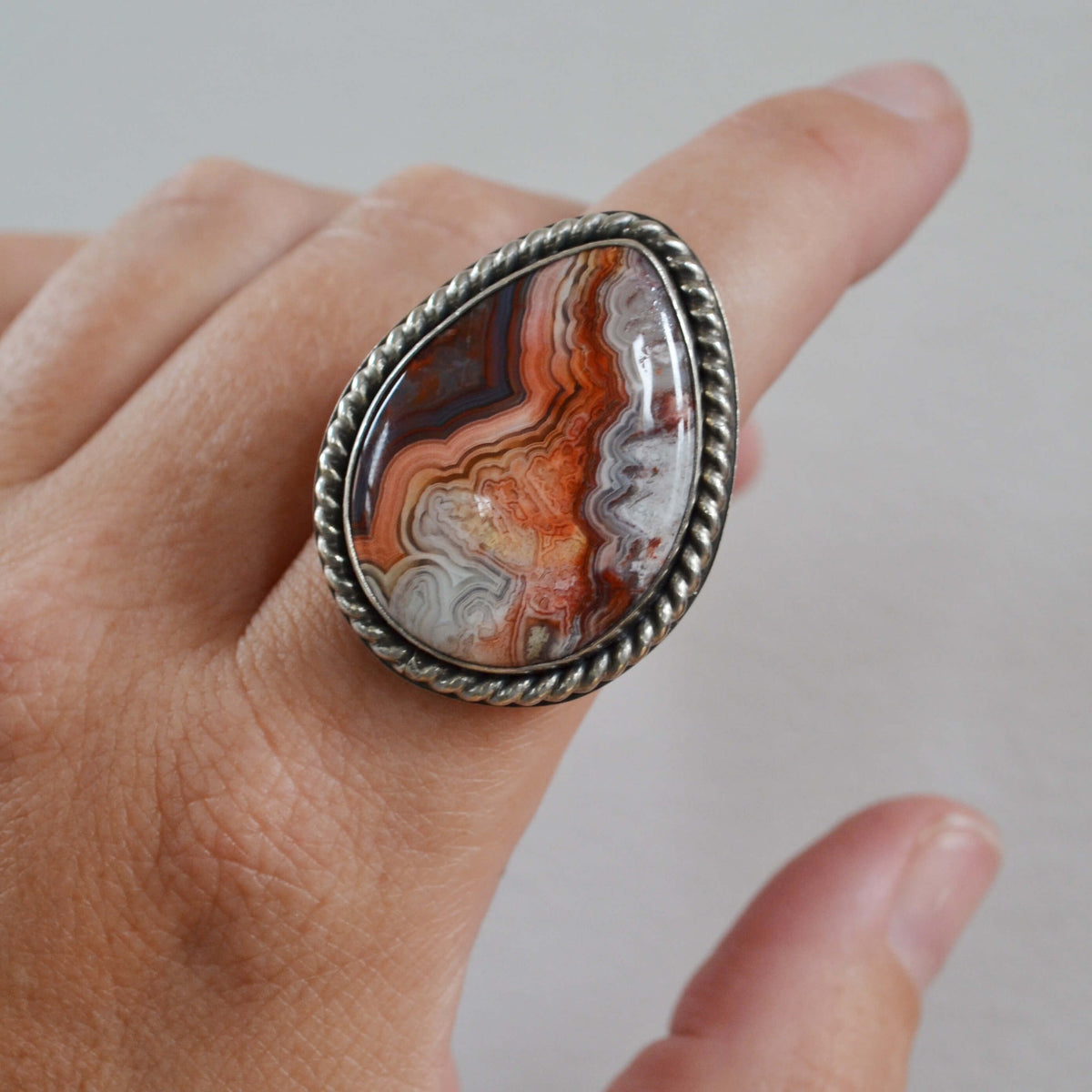 Laguna Lace Pear Shaped Agate Sterling Silver Ring, One of a Kind