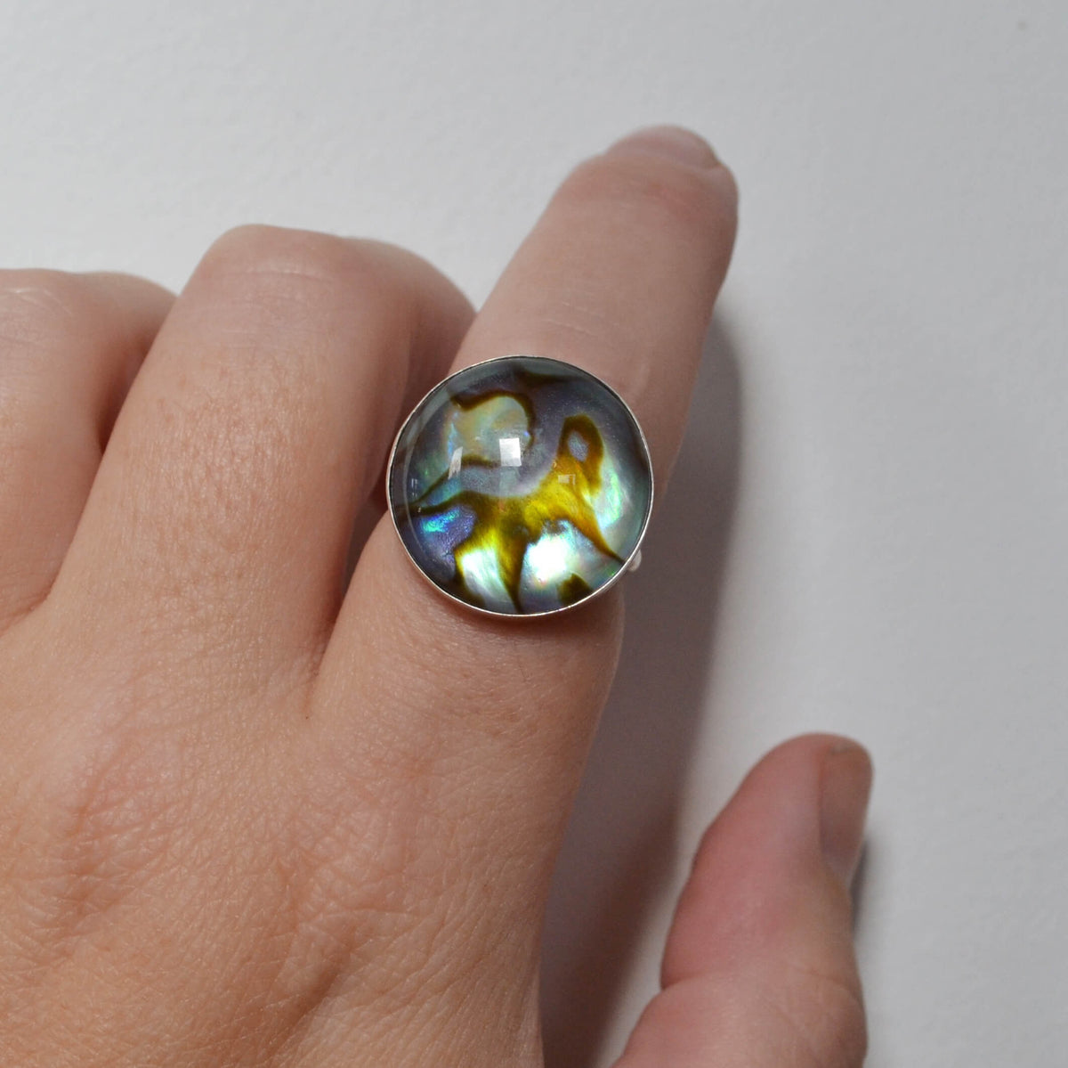 Crystal Abalone Shell Silver Ring, One of a Kind