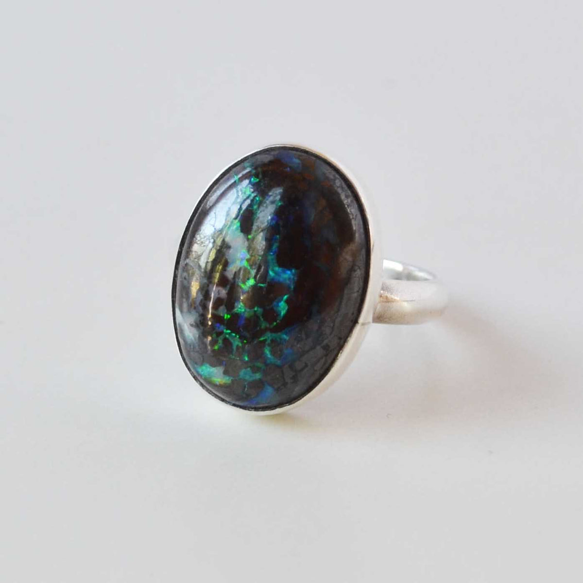 Australian Boulder Opal Sterling Silver Oval Ring, One of a Kind