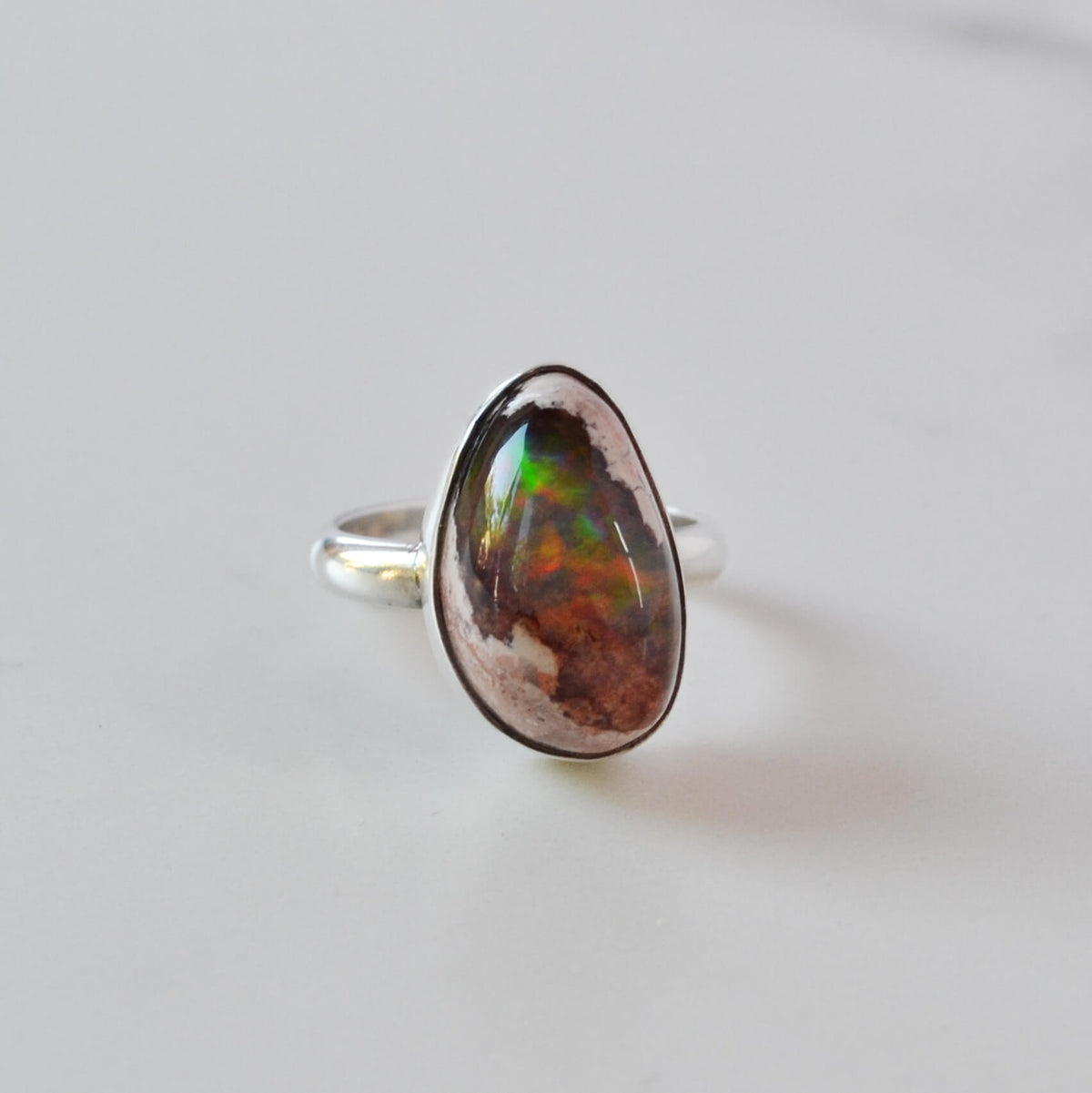 Rainbow Mexican Fire Opal Sterling Silver Ring, One of a Kind