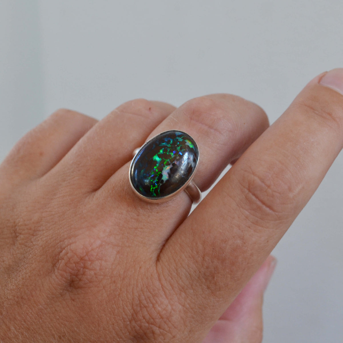Australian Boulder Opal Sterling Silver Oval Ring, One of a Kind