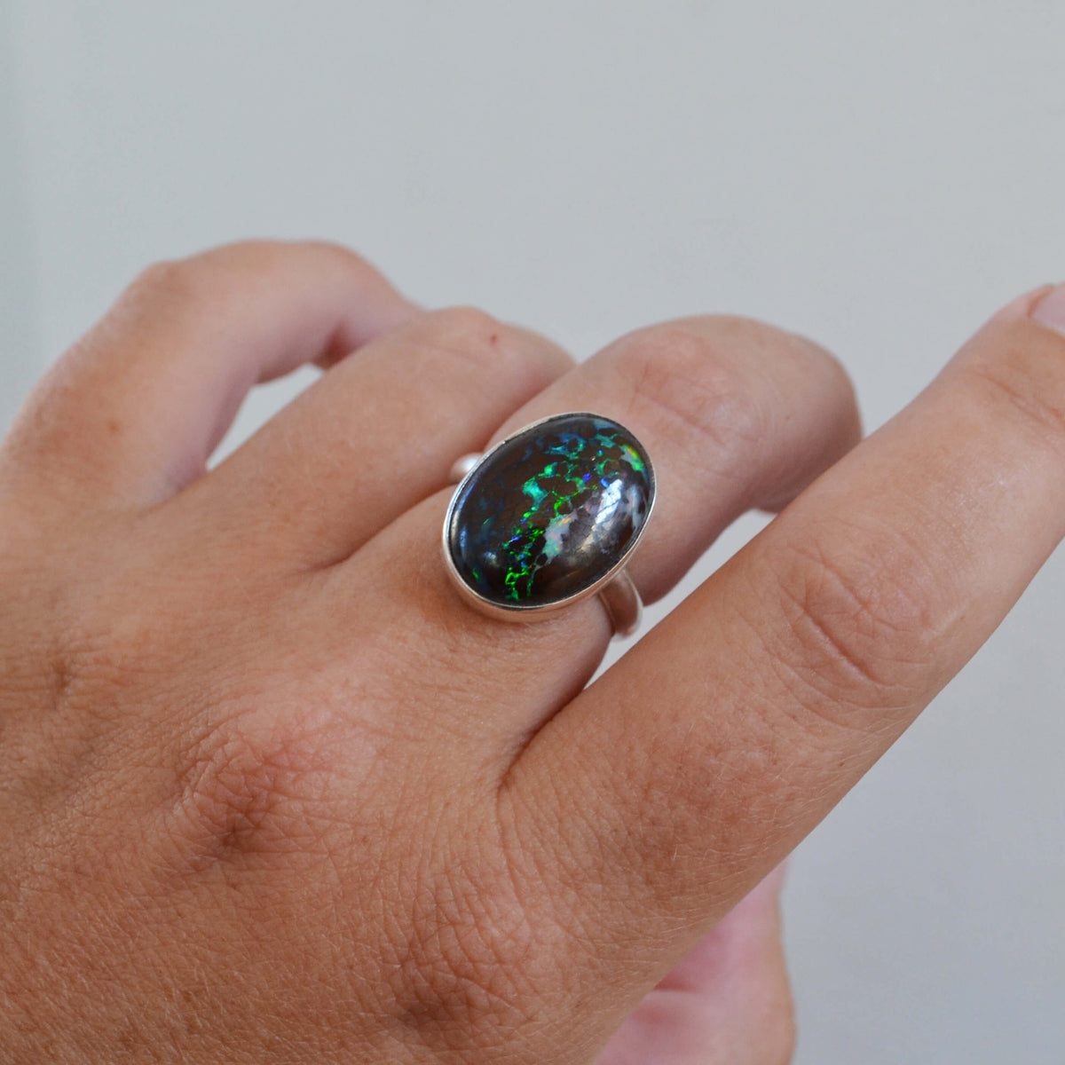 Australian Boulder Opal Sterling Silver Oval Ring, One of a Kind
