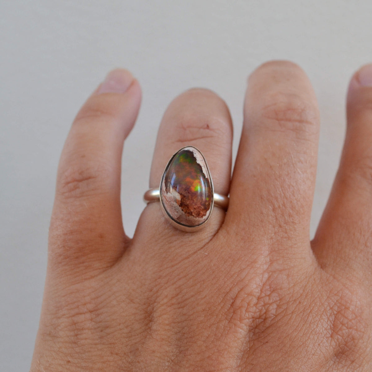 Rainbow Mexican Fire Opal Sterling Silver Ring, One of a Kind