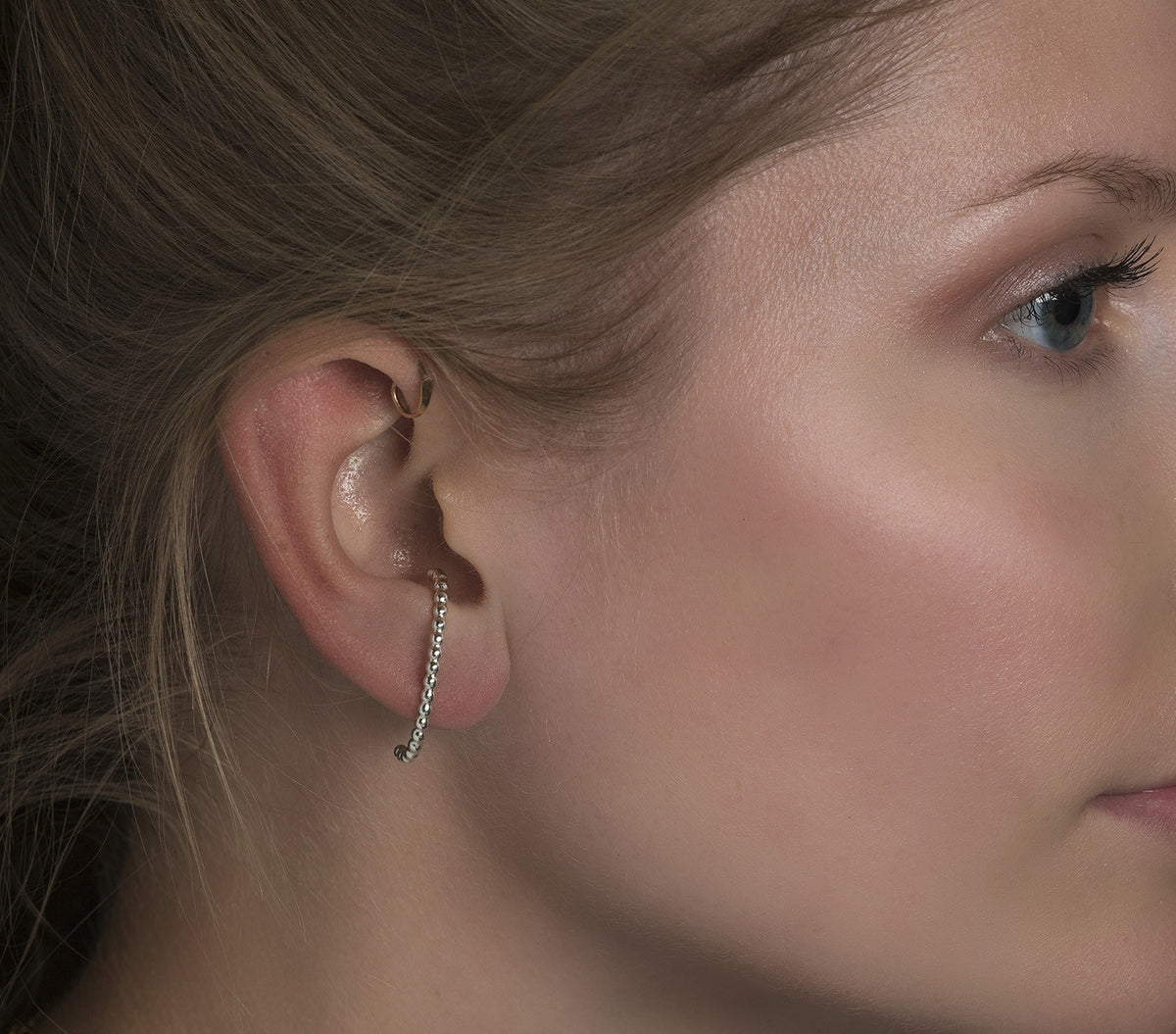 Beaded Ear Suspension Hoop, Gold, Rose Gold, or Silver